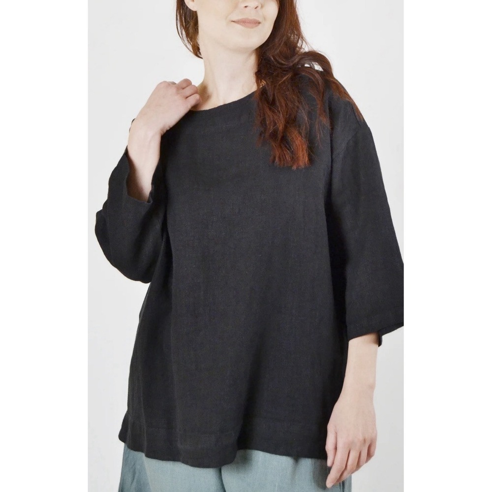 Brynn Walker 100% Linen Popover Lagenlook Blouse Top Size Small Black